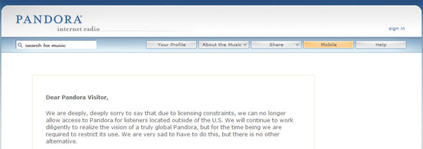 Pandora - message greeting users from outside the US