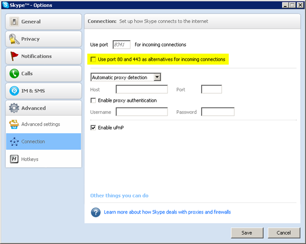 skype advanced port settings