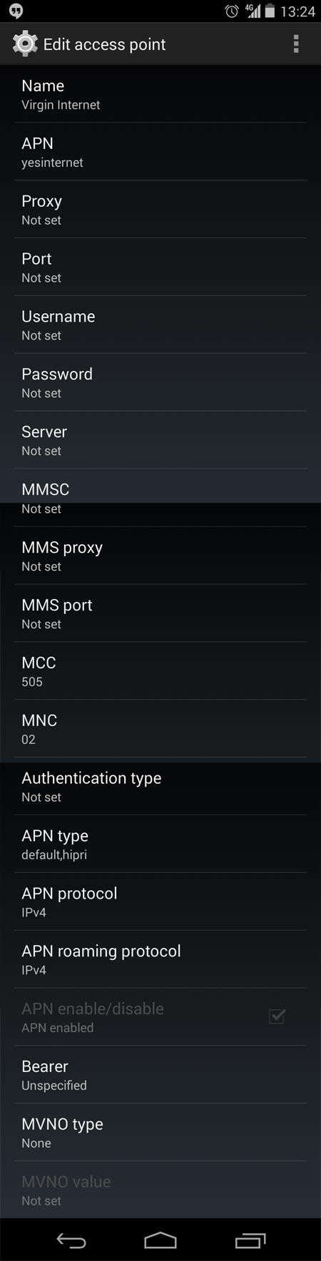 Virgin Mobile APN settings for Nexus 5